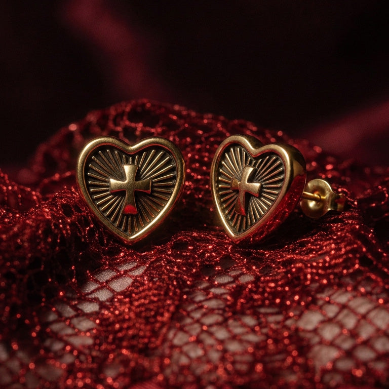 Heart cross stud earrings, gold heart-shaped studs with a cross and ray details on red sparkly lace