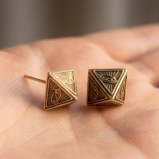 Pyramid stud earrings held on an open palm, gold pyramids with eye engravings