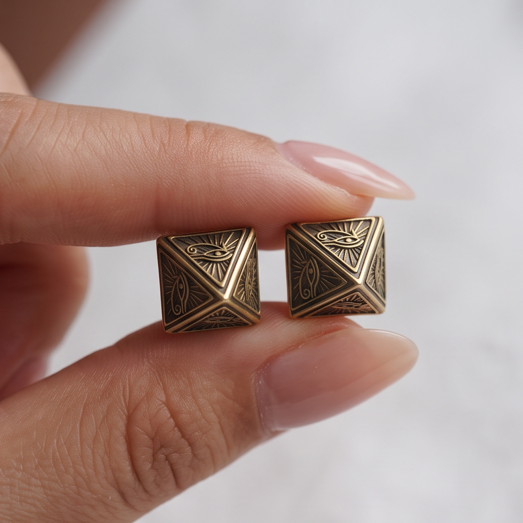 Pyramid stud earrings held between fingertips, two gold pyramids with eye and ray engravings