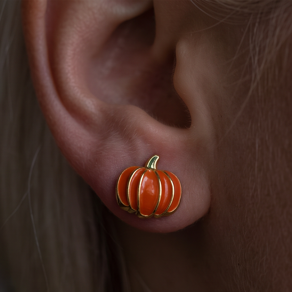 Pumpkin Patch stud earrings, orange pumpkin worn on the ear, close-up with soft blonde hair behind