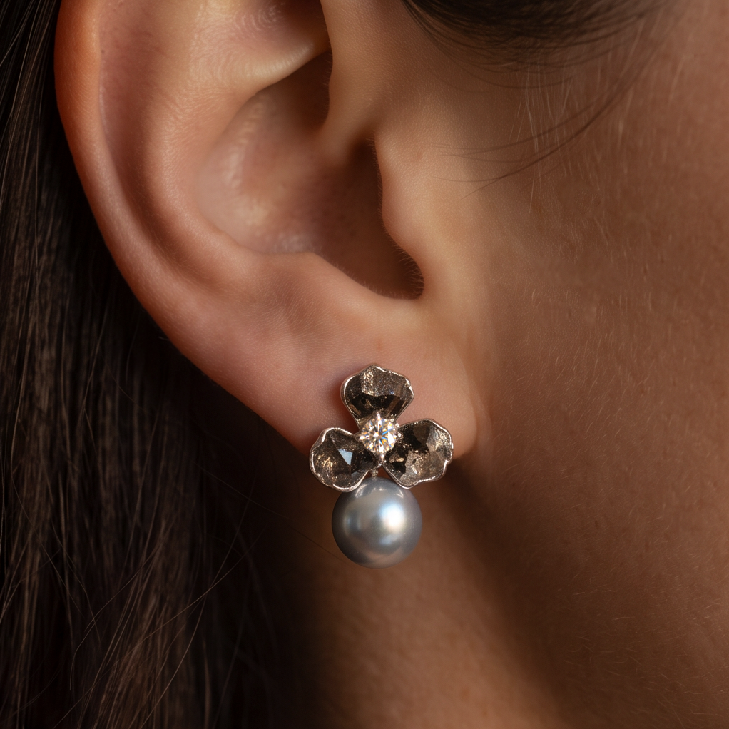 Crystal Chrome Pearl earring worn on the ear, smoky crystal flower and silver-grey pearl drop