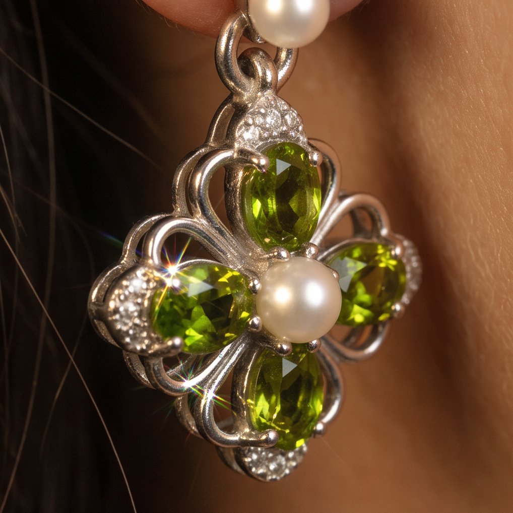 Victorian Crystal Drop earring extreme close-up, green jewel flower with a pearl centre hanging from a pearl cluster