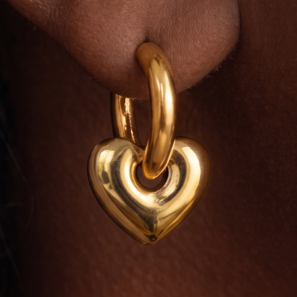 Chunky Heart Hoop earring extreme close-up, shiny gold heart hanging from a gold hoop