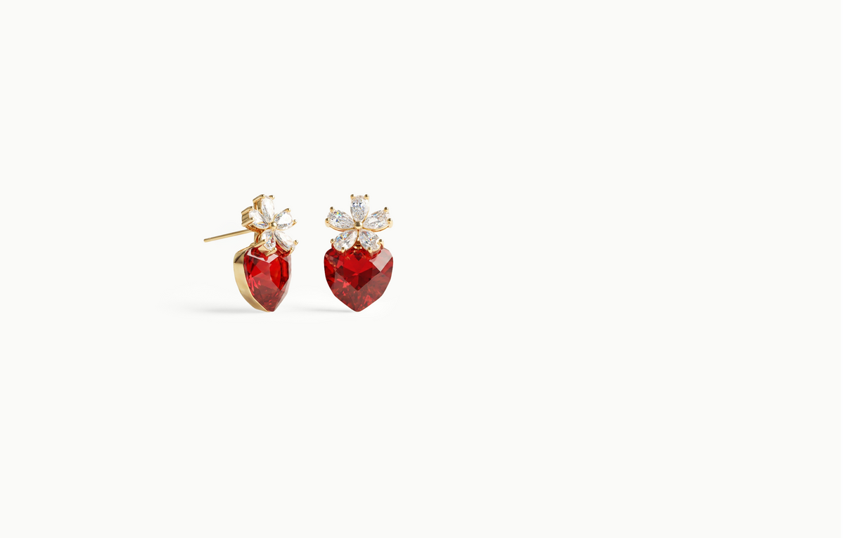 Gold earrings with a crystal flower and a red crystal strawberry