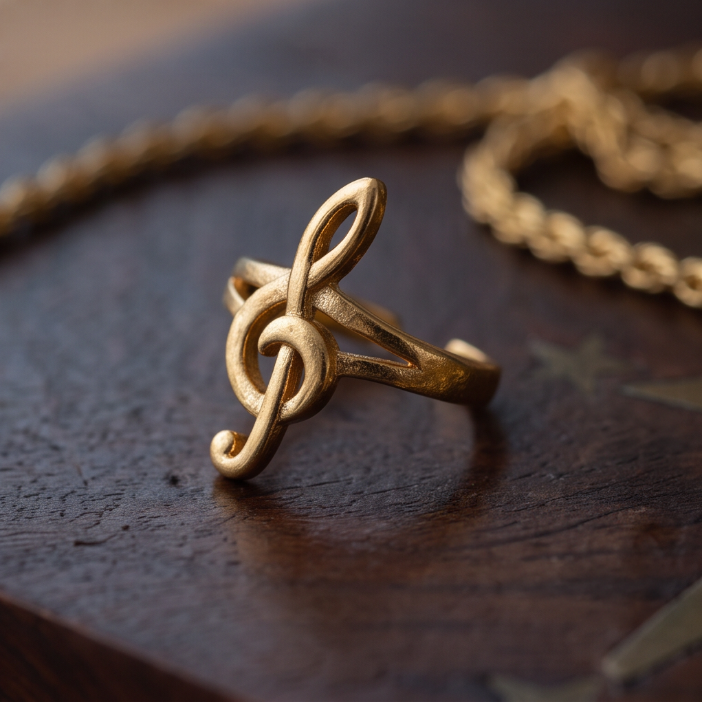 Treble Ear Cuff on dark wood beside gold twisted chains, gold treble clef shape on an open band