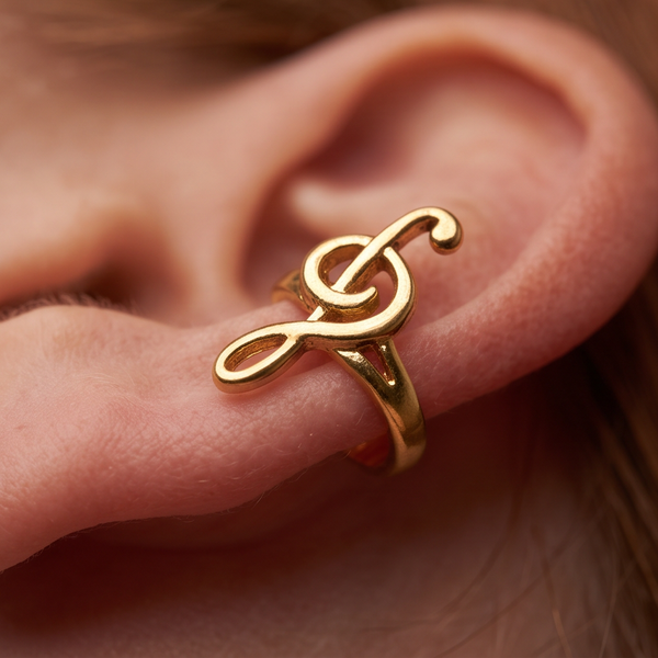 Treble Ear Cuff extreme close-up on the ear, gold treble clef on a gold band