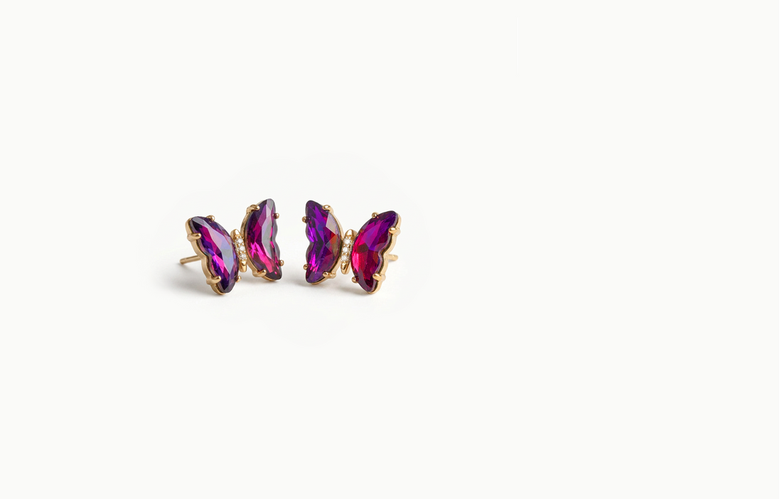 Gold butterfly stud earrings with purple and pink crystal wings