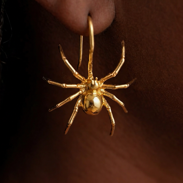 Long Legs Spider earrings close-up, a gold spider with a round body and long thin legs