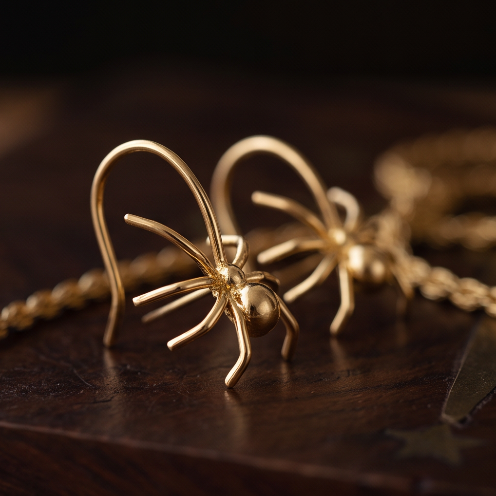 Long Legs Spider earrings, a pair of gold spiders with arched ear wires on a dark wooden surface