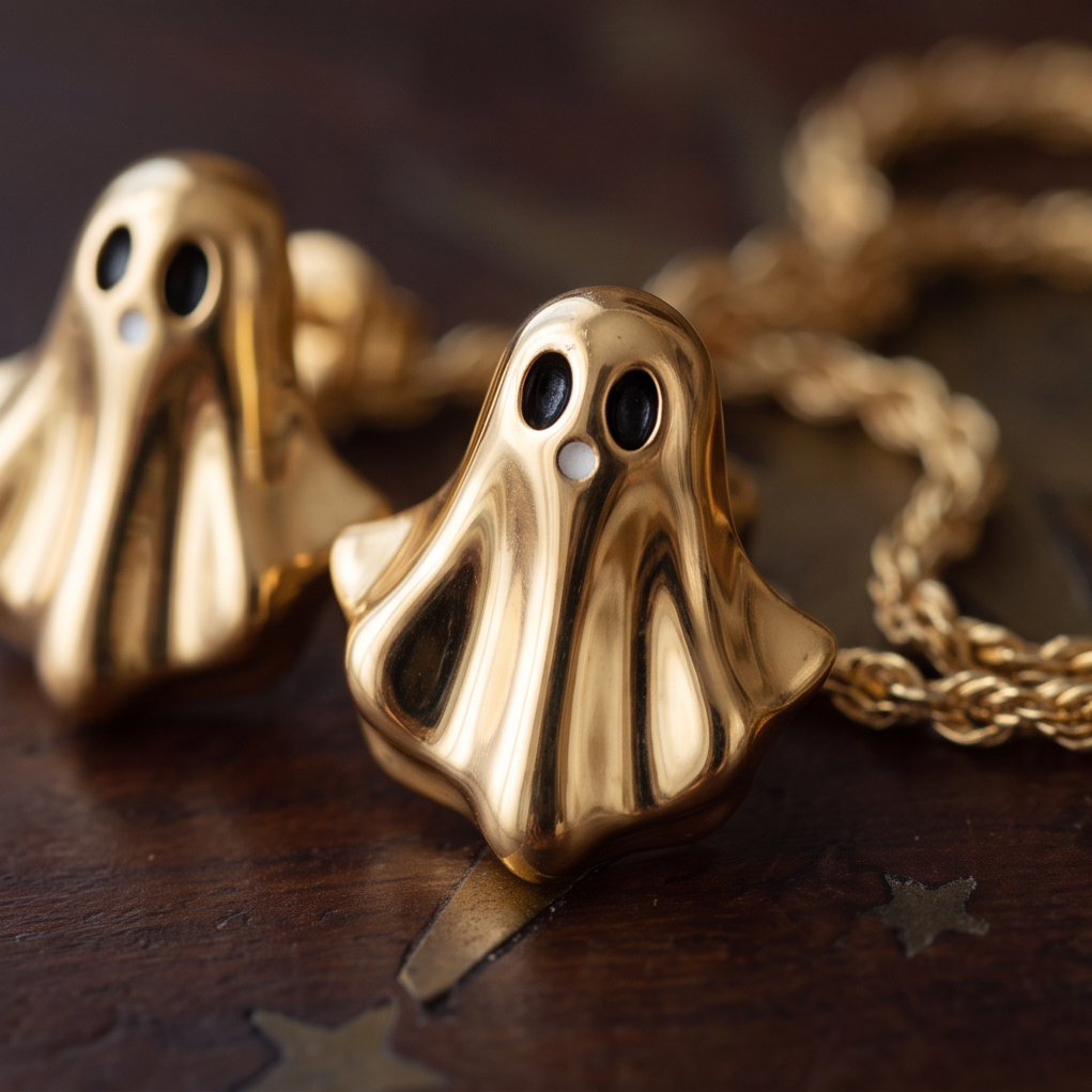 Golden Boo stud earrings, two gold ghosts on a dark wooden surface beside gold rope jewelry