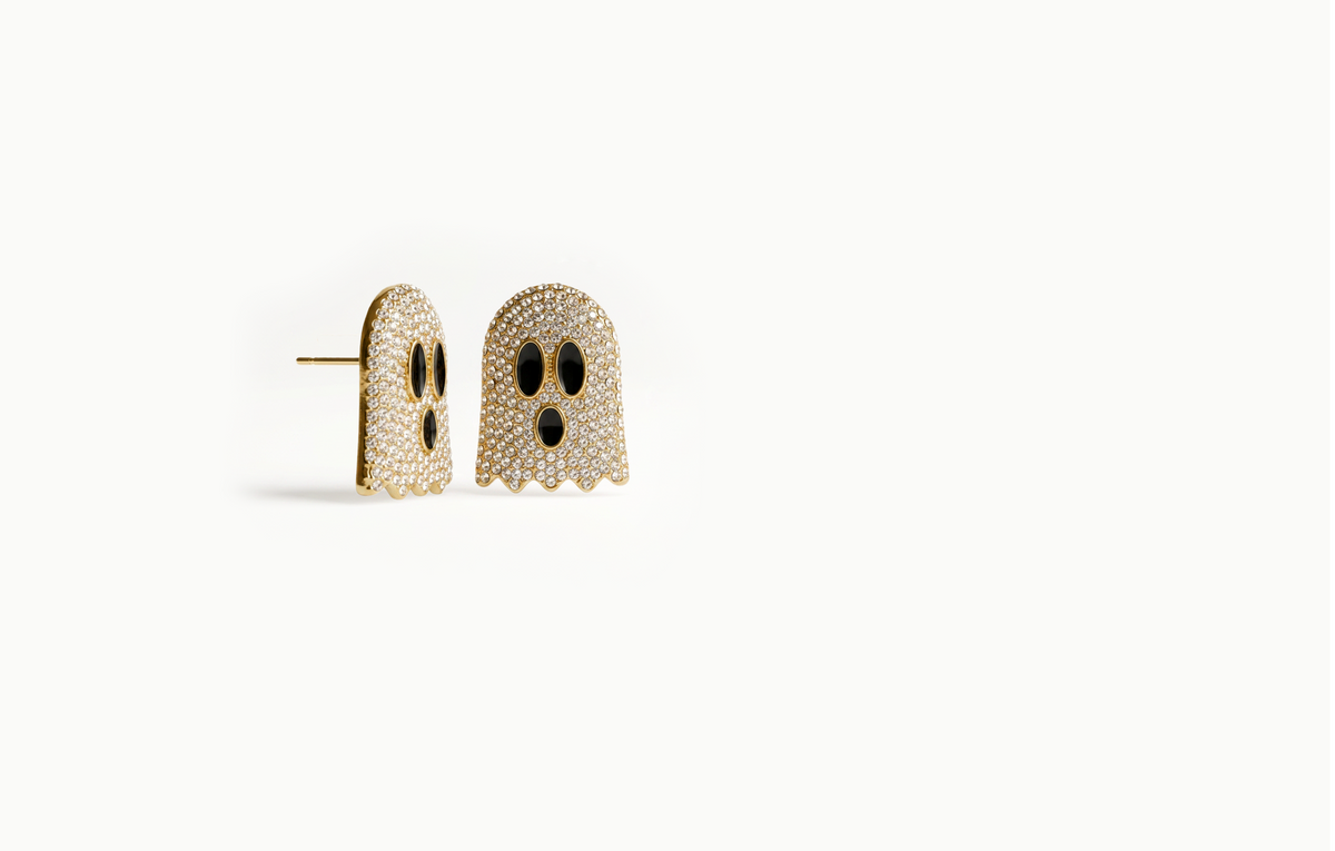 Gold ghost stud earrings covered in crystals with black eyes