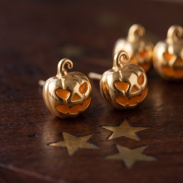 Golden Jack Pumpkin stud earrings, gold jack-o'-lantern pumpkins with orange faces on dark wood with stars