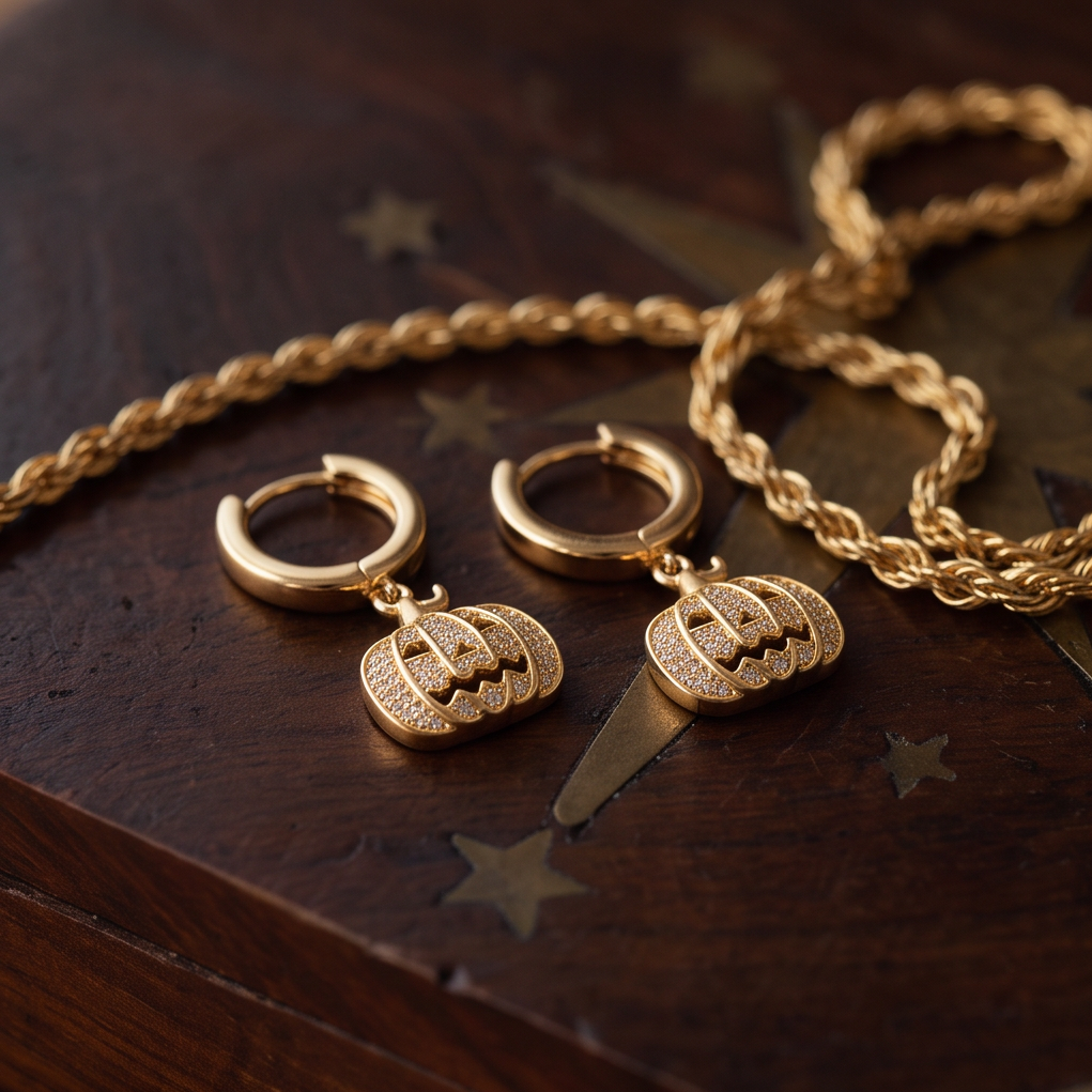 Pumpkin Spice crystal drop earrings, a pair of gold crystal pumpkins on dark wood beside gold rope jewelry