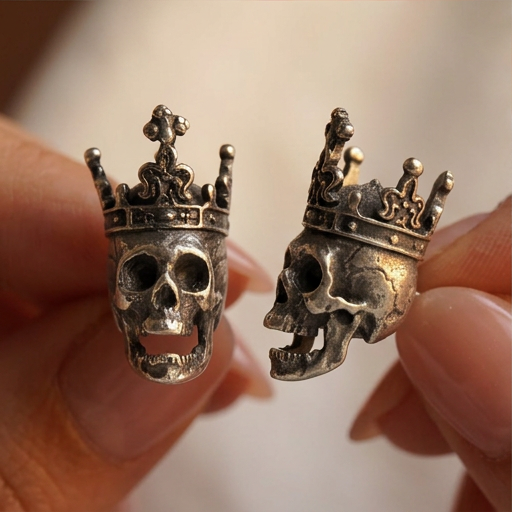 Skull King stud earrings, two crowned silver skulls held between fingertips with pink nails