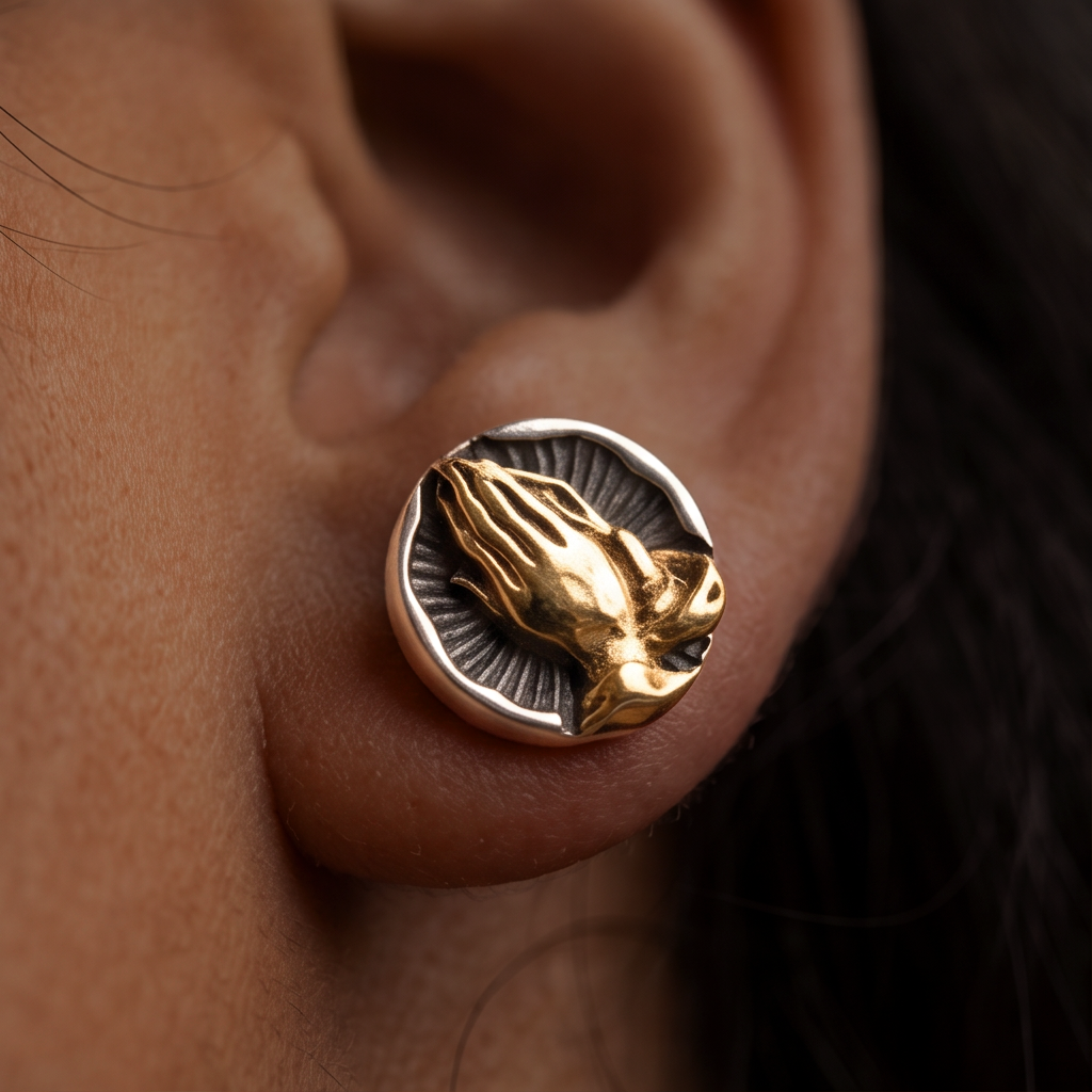 6ix Hands stud earrings worn on the ear, gold praying hands on a round silver coin