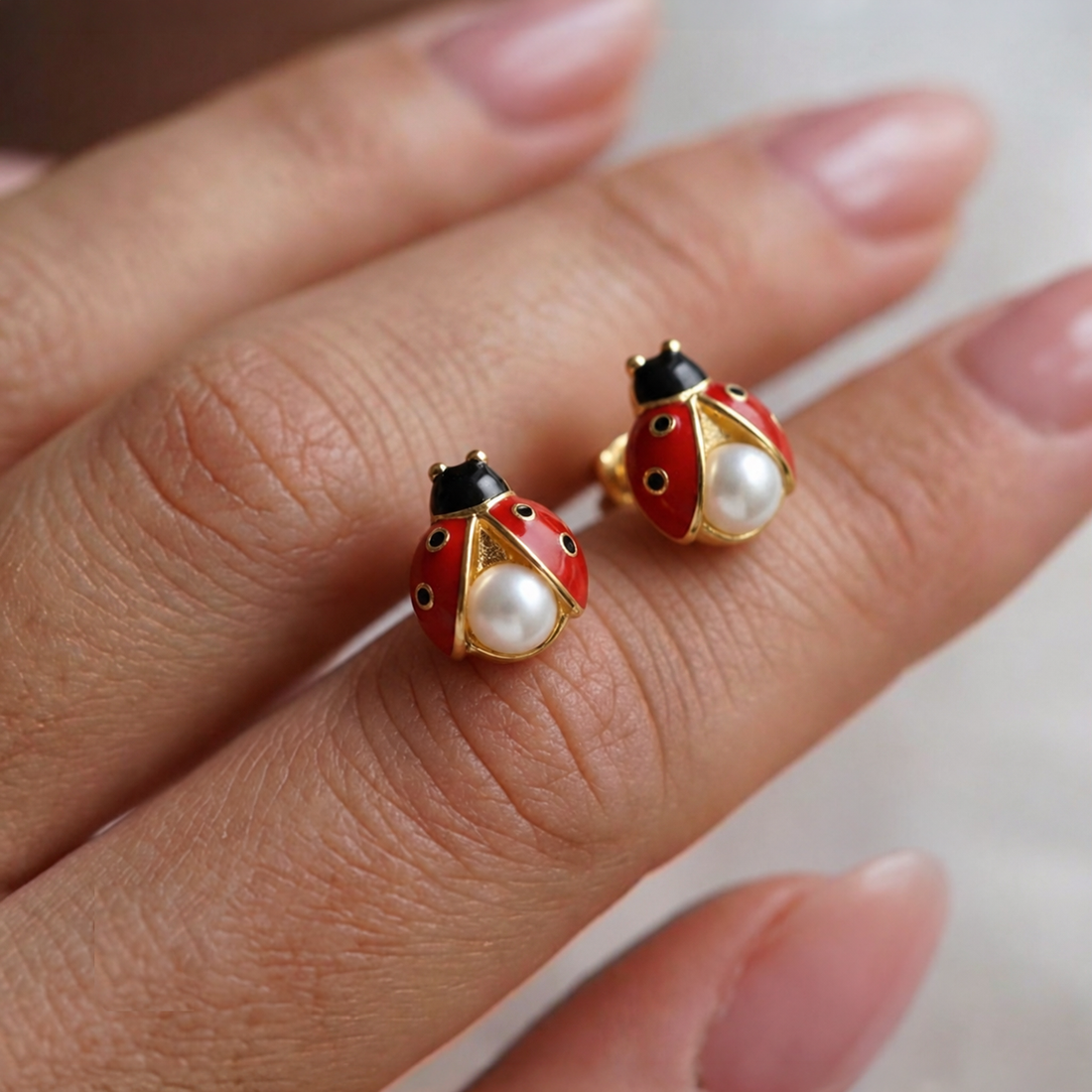 Ladybug Pearl stud earrings resting on a hand, a pair of red ladybugs with white pearl bellies