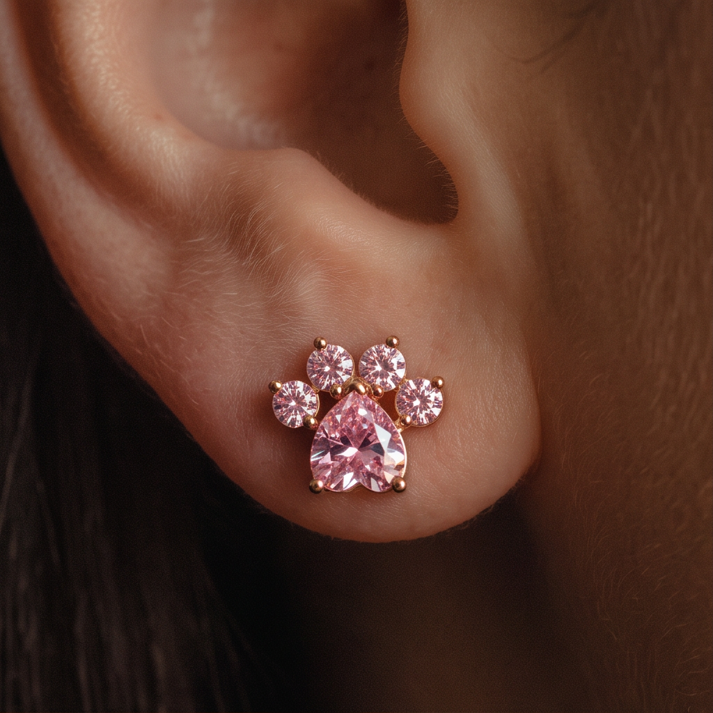 Pink Panther stud earrings, close-up of a pink crystal paw print worn on the ear