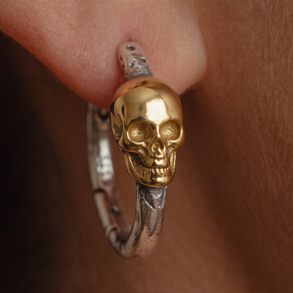 Skeleton Hoop earrings extreme close-up on the ear, a gold skull on a textured silver hoop