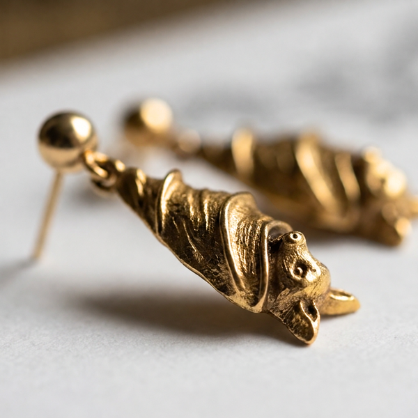 Sleeping Bat drop earrings, gold bats hanging upside down, laid on a white marble surface
