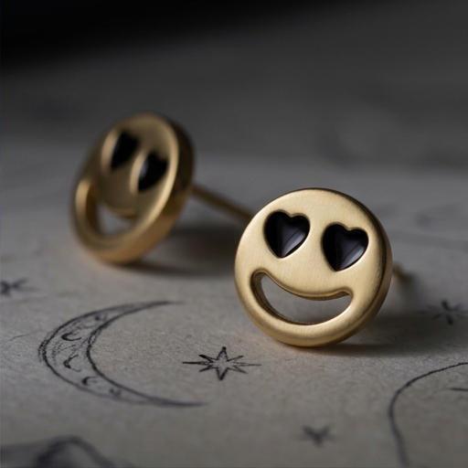 Smitten Smiley stud earrings, a pair of gold heart-eyed smileys on a moon-print paper