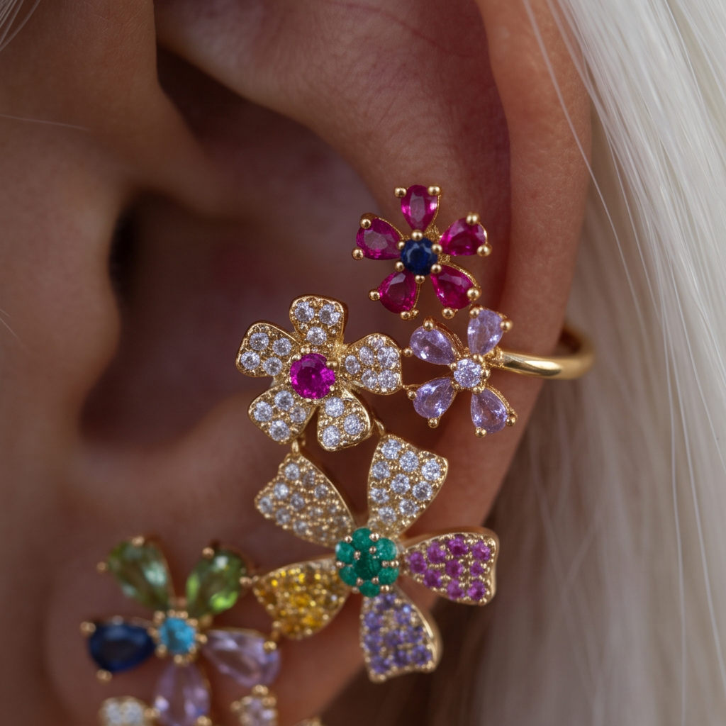 Meadow Valley crystal earrings, close-up of pink, purple, green and yellow crystal flowers on the ear