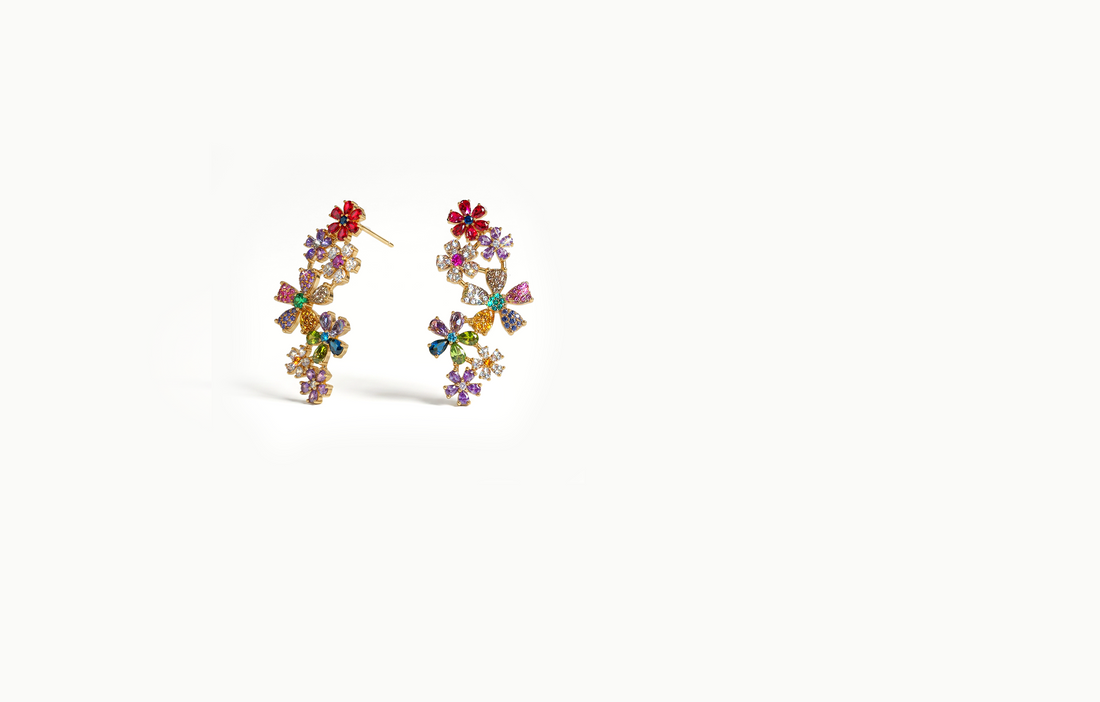Gold earrings with multicoloured crystal flowers