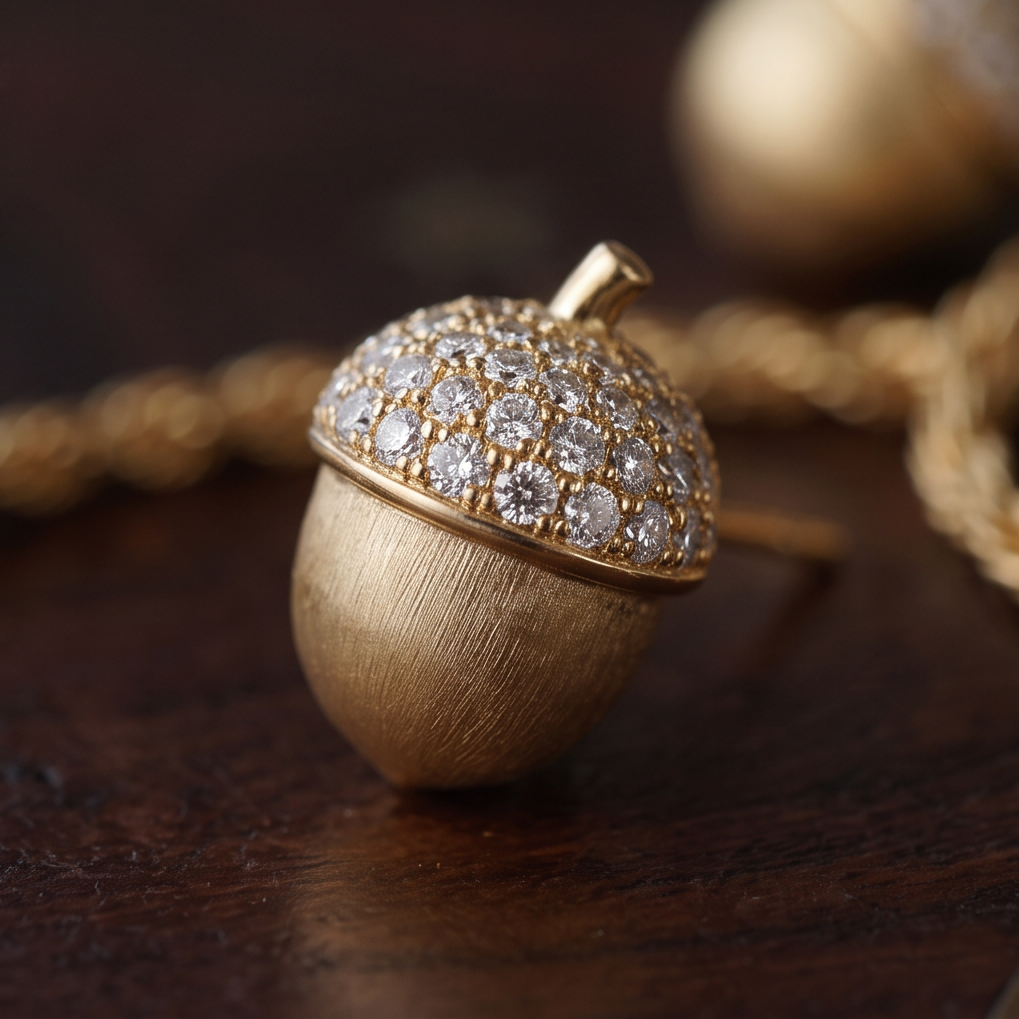 Crystal Acorn stud earring standing upright on dark wood beside a gold twisted chain