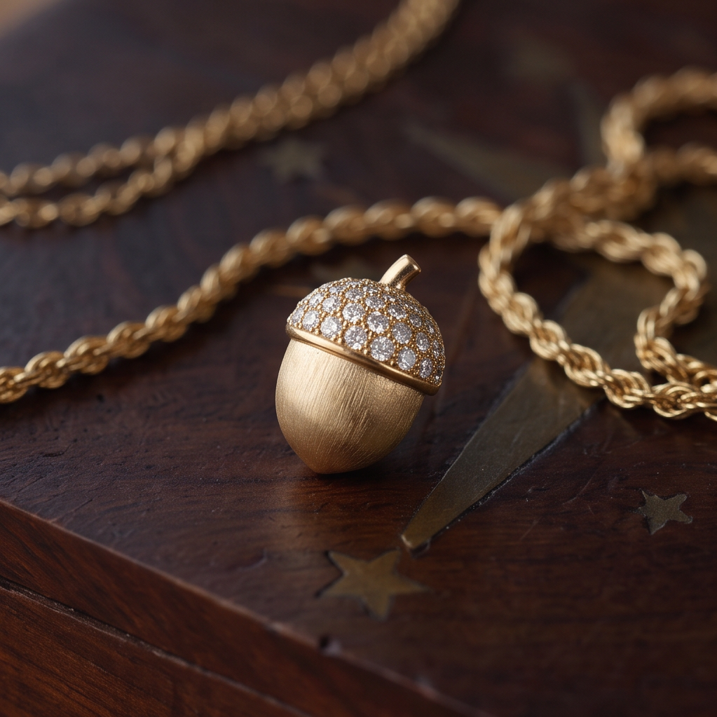 Crystal Acorn stud earring laid on a dark wooden surface with gold stars and a gold twisted chain