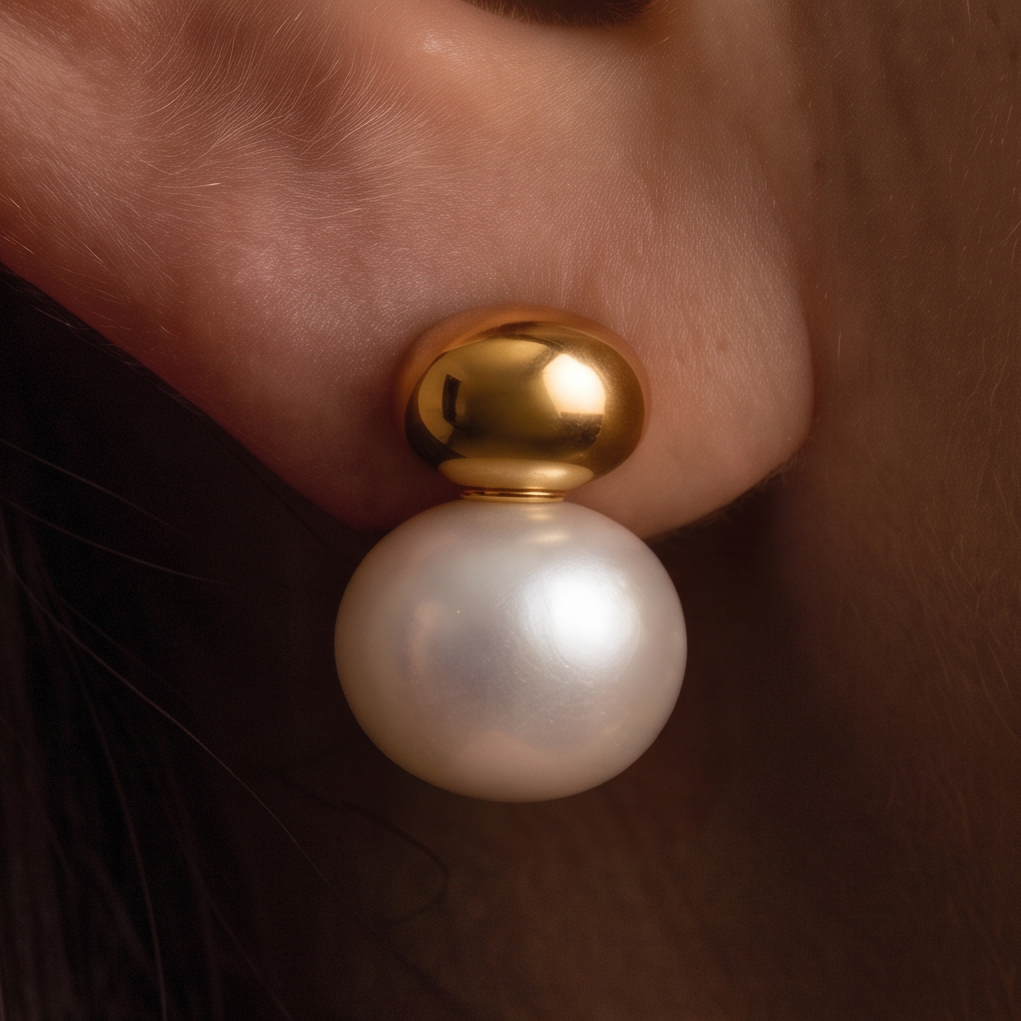 Gold Cap Pearl earrings, close-up of a large white pearl beneath a gold dome on the ear