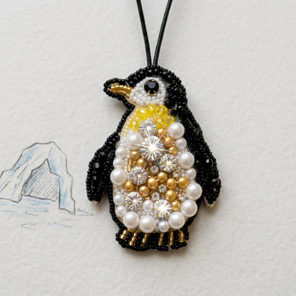A beaded penguin pendant necklace on a black cord, featuring black seed beads, white faux pearls, gold beads, and clear rhinestones, displayed on a textured off-white paper background.